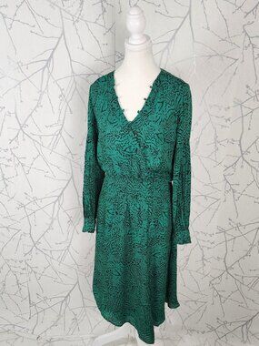 Parker Green Silk Blend Leopard Print Smocked Waist Midi Dress